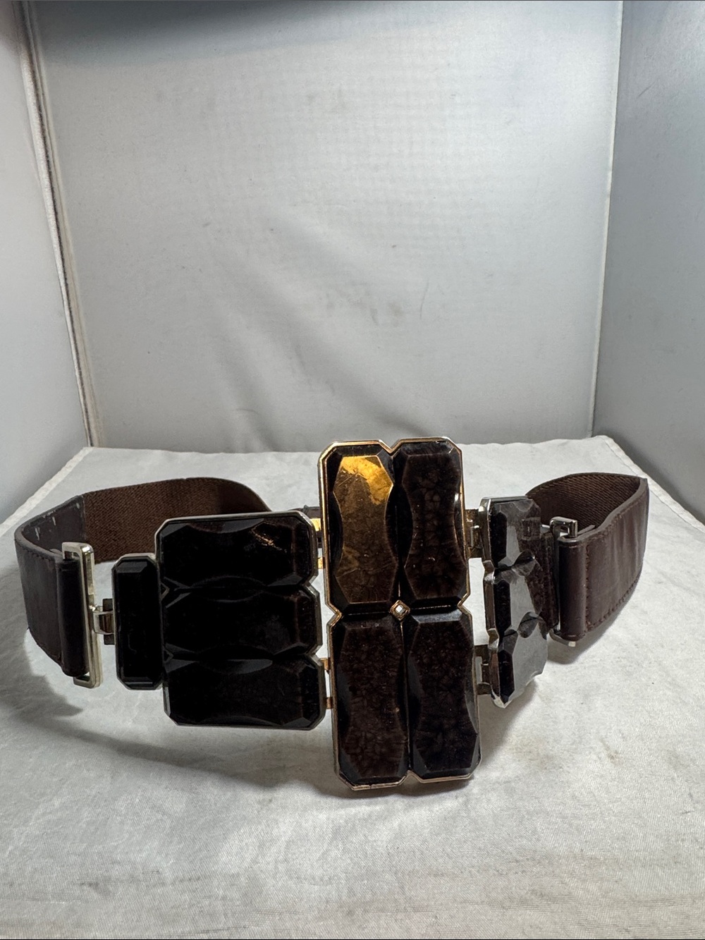 Brown faux leather and Elastic Waist Belt with Faceted Resin Accents